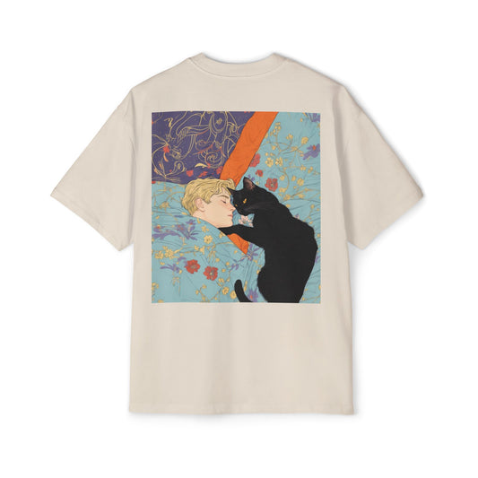 🌌 [DROP 03: DREAMSCAPES] Oversized Heavy Cotton Art Tee – Playful Cat & Floral Design